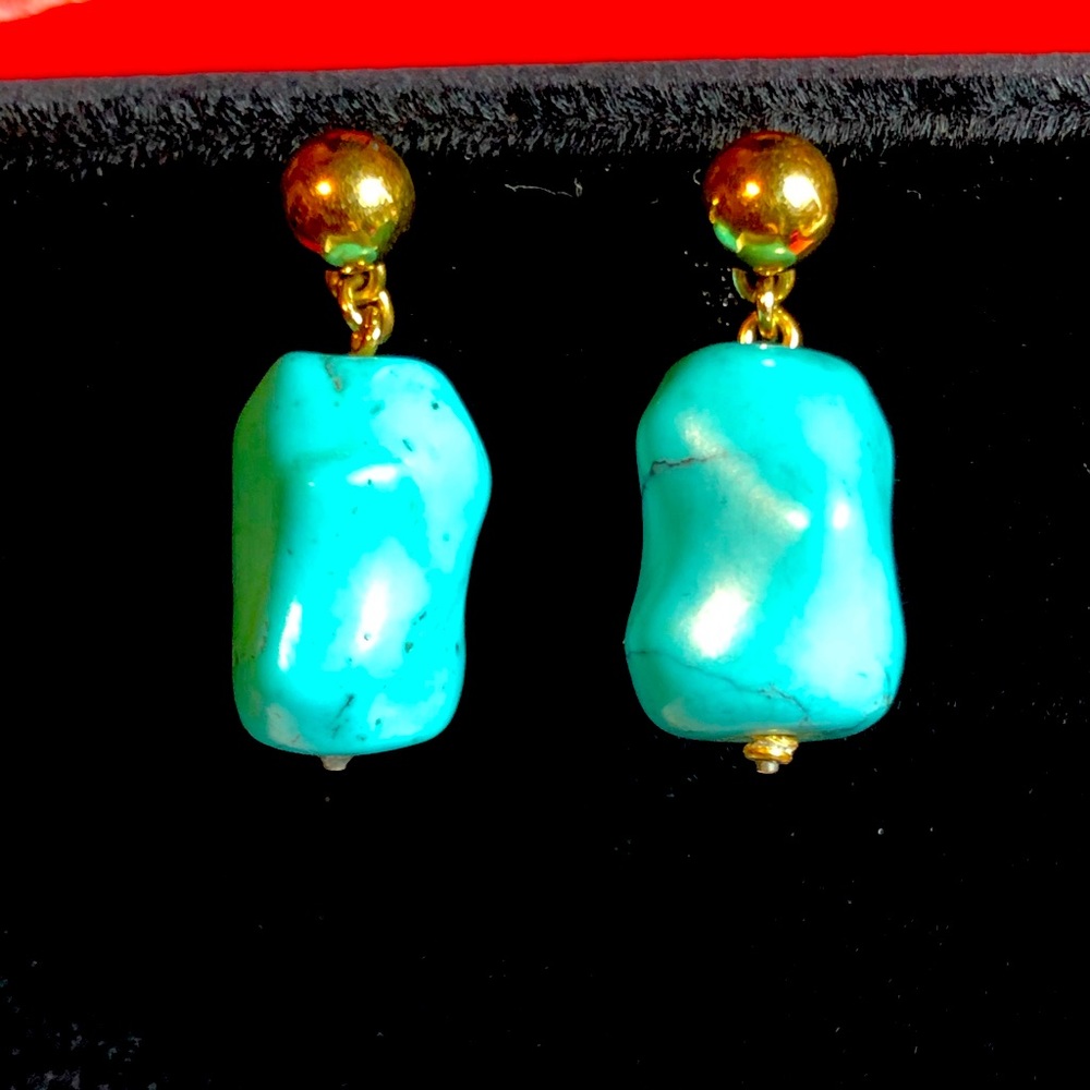 Heavy Vintage 14KT Gold Turquoise Dangle Earrings